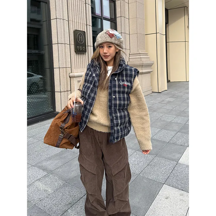 CCYE川川也美式复古经典格子马甲棉服男女宽松夹棉外套加厚ins冬