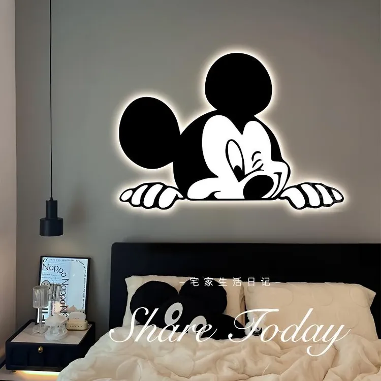 新款黑白米奇客厅装饰画氛围感灯光画卡通壁画潮流卧室床头挂画