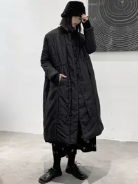 【晚李四季】冬季中长款抽腰设计棉服外套 黑色宽松
