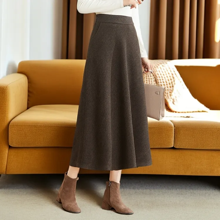  2025冬季新款垂坠感a字半身裙女秋冬高腰中长裙子厚款遮肚子长裙