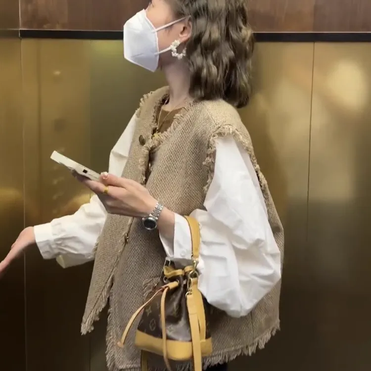 【常熟新中式】双排扣流苏马甲女2024年秋季新款无袖毛边马夹外套