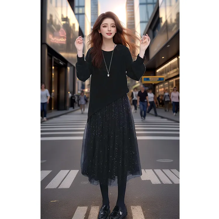 奢姿大码女装2025冬季气质网纱拼接假两件裙子胖妹妹时尚连衣裙