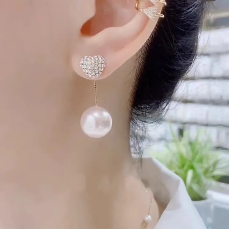 yingyan/赢颜 锌合金耳饰 Y390一心有你一款两戴爱心镶钻珠珠耳环
