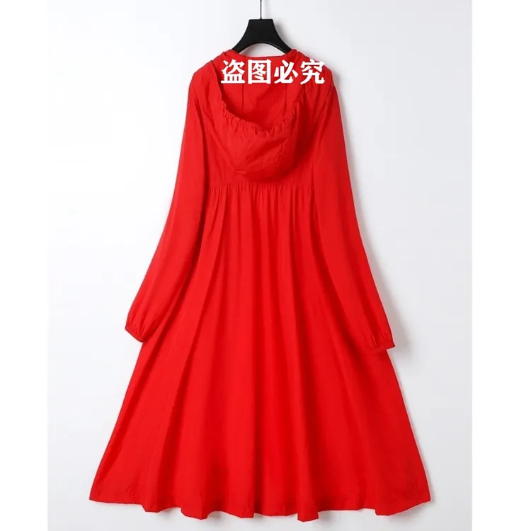 Z·M·N·法国啄木鸟服饰长款宽松连帽女大码红色妈妈防晒衣风衣百搭