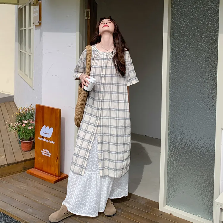 复古文艺范套装裙夏季女2025新款韩系显瘦格子罩衫裙阔腿裤两件套