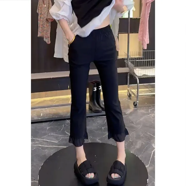 艾塔莉夏季女荷叶边休闲裤黑色薄款直筒高腰微喇裤时尚百搭舒适  