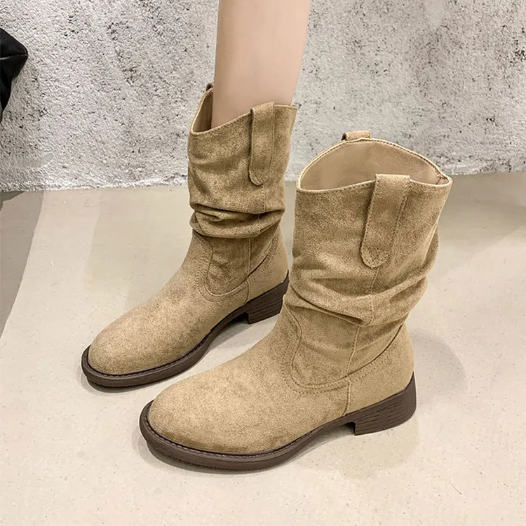 小牛皮美拉德中筒短靴子女2025新款春秋季西部牛仔堆堆靴厚底马丁