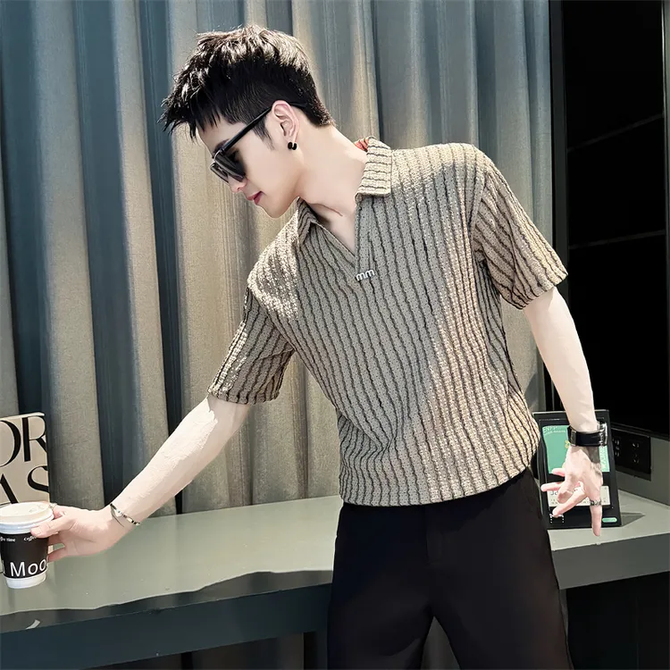 条纹polo衫短袖男款爆款2025新款夏季潮牌V领T恤夏装男士体恤上衣