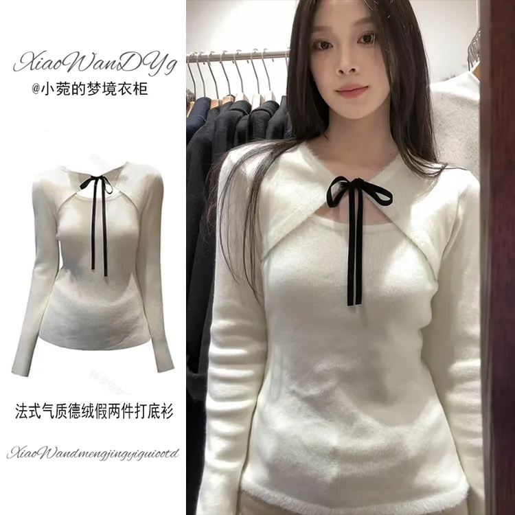 高级假两件德绒打底衫女秋冬内搭短款T恤修身韩版加绒保暖上衣ins