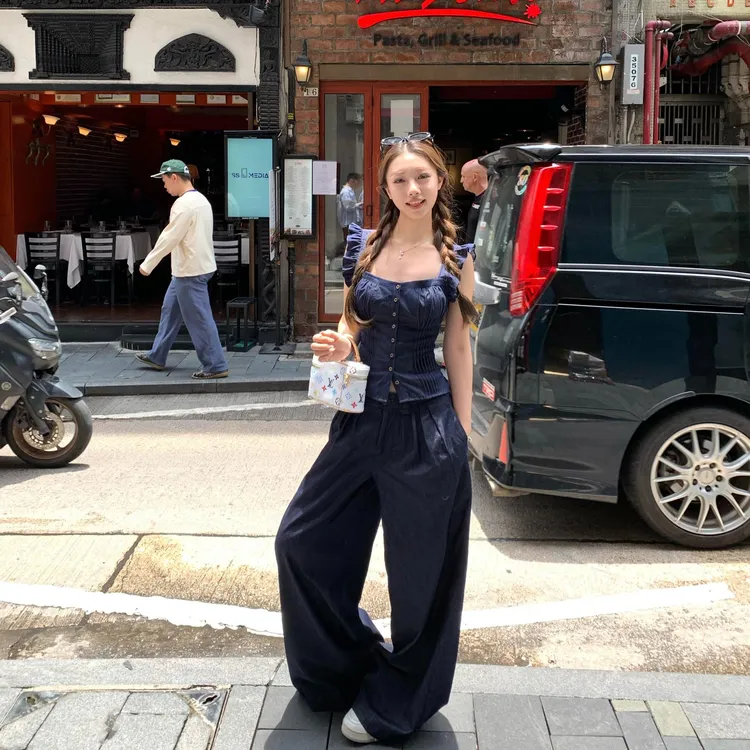 吊带牛仔上衣阔腿裤套装2025新款女夏韩系穿搭小个子ootd一整套装