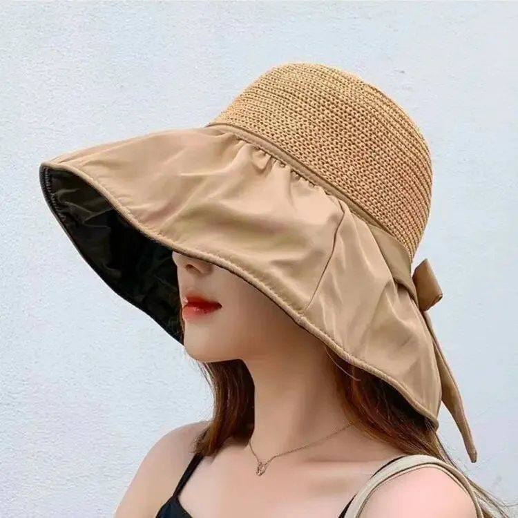 黑胶防晒帽新款大帽檐蝴蝶结夏季遮阳渔夫帽子户外草帽女士显脸小