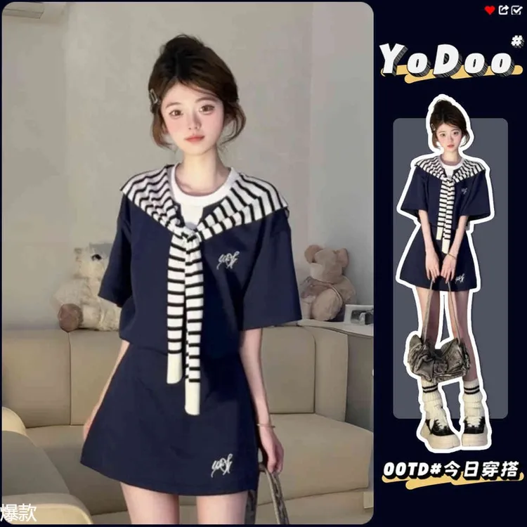 学院风运动套装女夏季韩系减龄宽松假两件短袖短裙披肩显瘦三件套