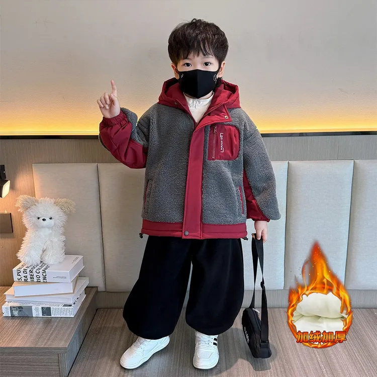 男童秋冬外套洋气2025新款宝宝痞帅加绒加厚毛毛衣连帽上衣冬装潮