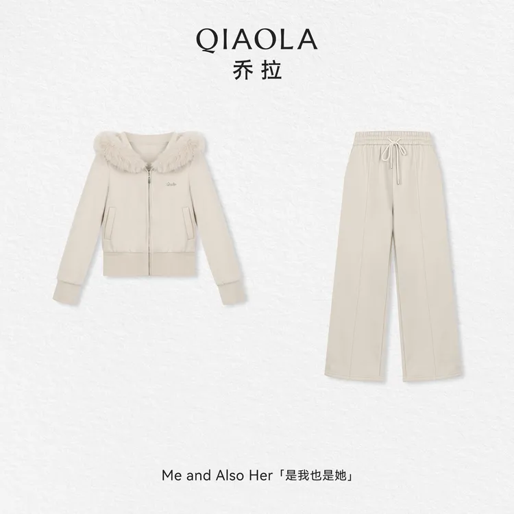 QIAOLA/乔拉【小雪记】秋冬季针织摇粒绒弹性大毛领百搭时尚套装