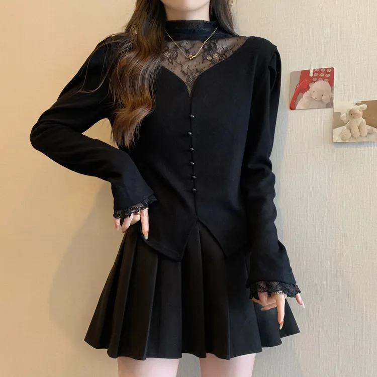 大码遮肚子蕾丝拼接半高领不规则打底衫女秋冬微胖mm显瘦内搭上衣