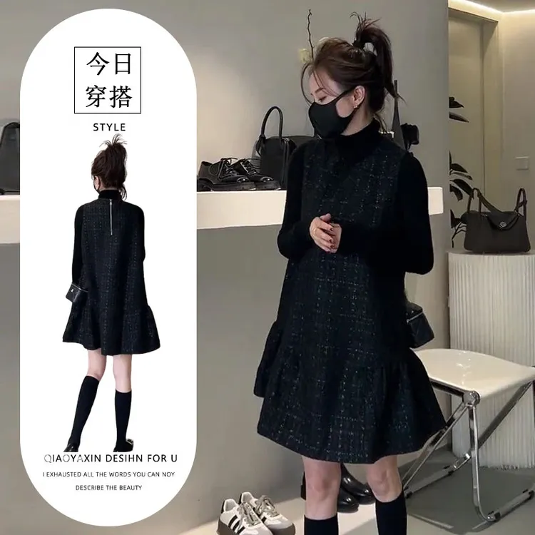 小香风马甲裙女早秋背心黑色亮丝百搭显瘦遮肉连衣裙时尚两件套女