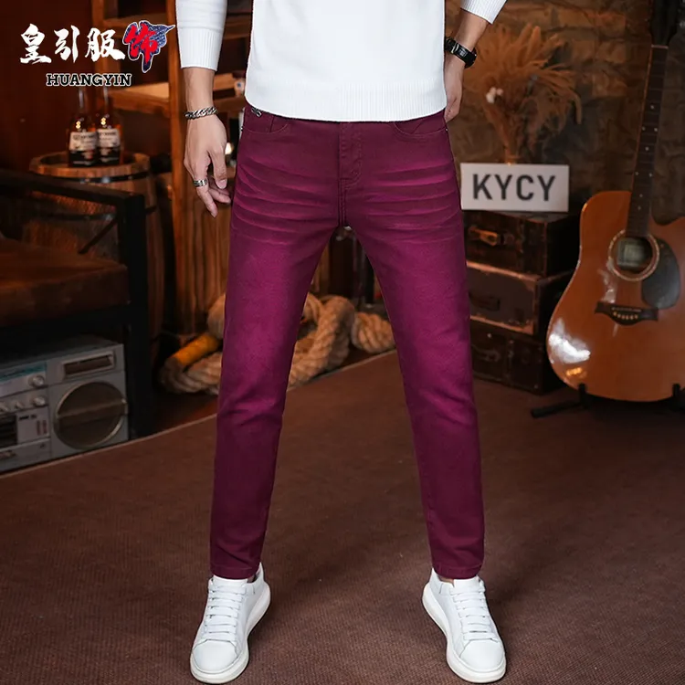 香港高端2025秋冬新款枣红色牛仔裤男士韩版潮流修身百搭弹力长裤
