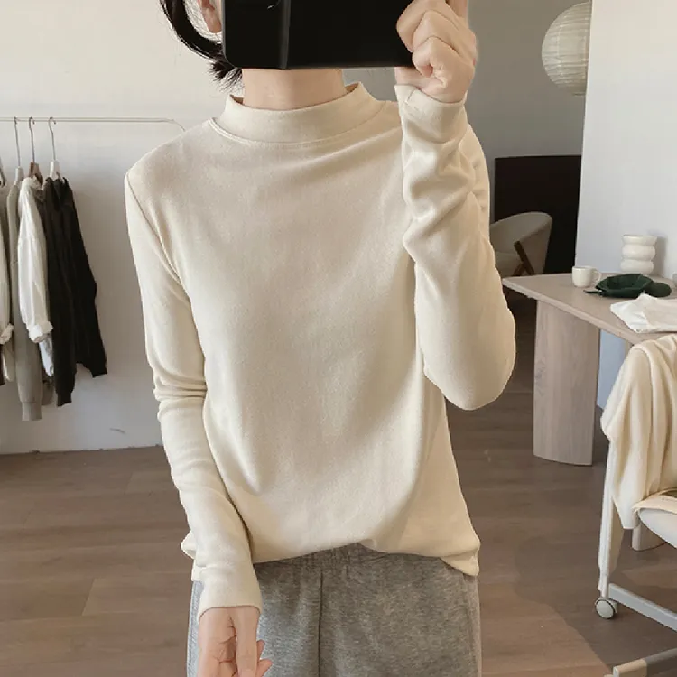 半高领冬季时尚新款保暖打底简约长袖修身拼接显瘦德绒基础款体恤