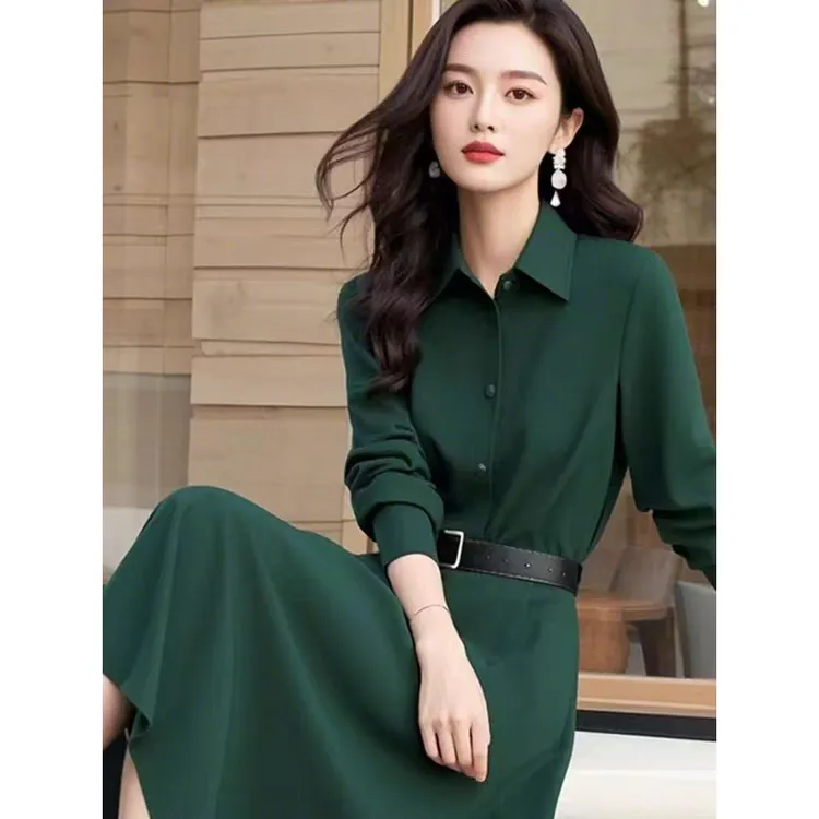 秋季出席重要场合气质女神范轻奢高级感上流社会绿色收腰连衣裙子