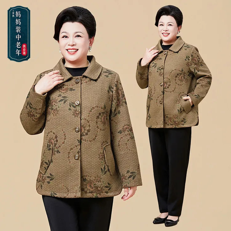 秋季新中式气质翻领排扣外套中老年女装妈妈装国风洋气呢子外套女