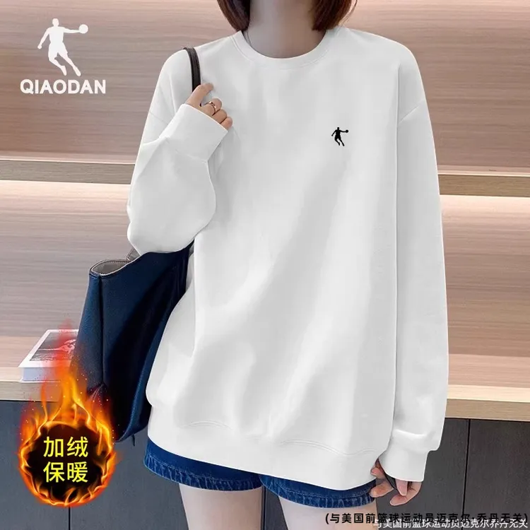 乔丹加绒保暖运动卫衣女2025冬季运动服休闲套头衫圆领长袖上衣