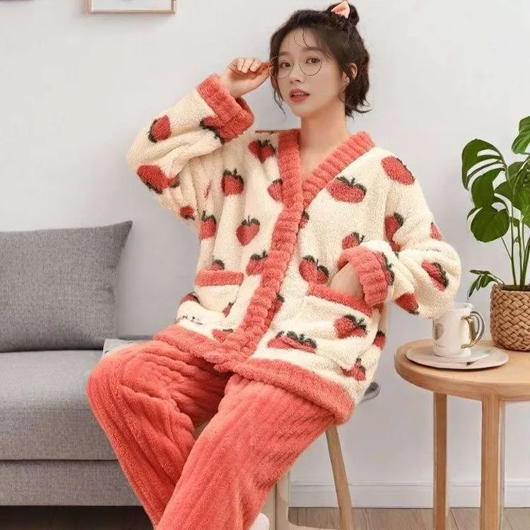珊瑚绒加厚睡衣女青年学生韩版秋冬季家居服套装睡衣加绒加厚睡衣