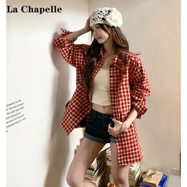 La Chapelle/拉夏贝尔春夏韩系红色格子衬衫女2025夏季显白外套