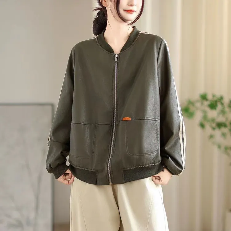 2025秋季新款PU皮衣女士韩版百搭宽松时尚休闲文艺棒球服夹克外套