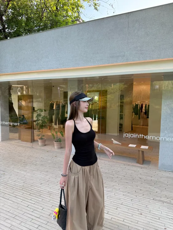 夏季新款纯欲慵懒风女装辣妹修身收腰吊带背心宽松修身阔腿裤套装