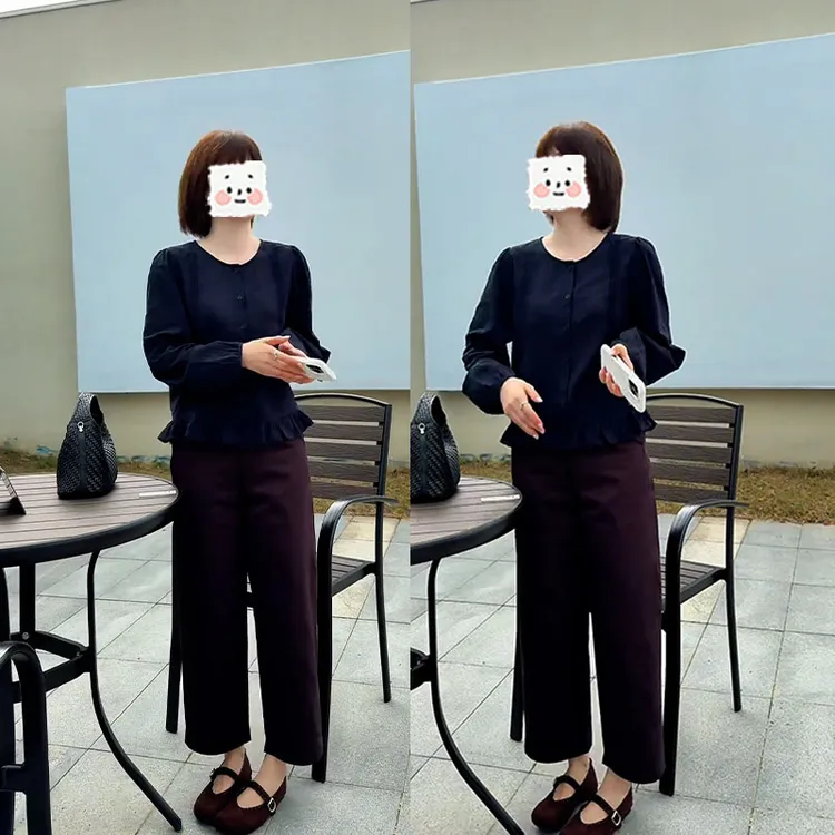 秋季新款设计感洋气显瘦减龄木耳边圆领衬衫女九分休闲裤两件套装