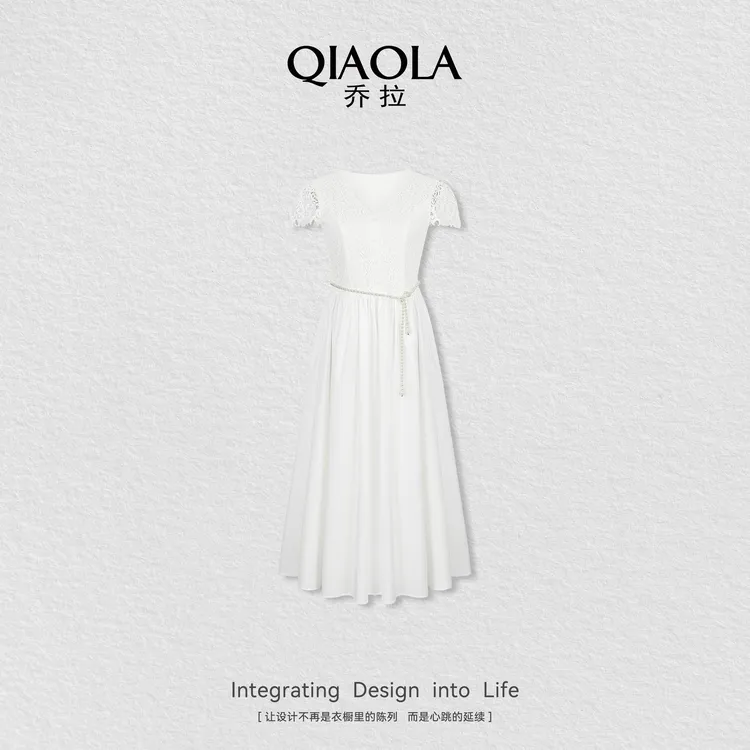 QIAOLA/乔拉【琉璃月光】夏季梭织蕾丝V领小飞袖设计显瘦连衣裙预售