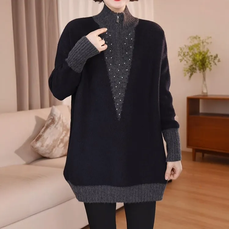 秋冬女气质百搭时尚洋休闲上衣大码宽松中长款针织毛衣加厚打底衫