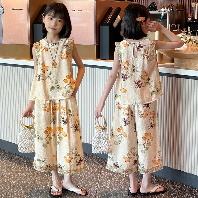 女童套装夏装2025新款薄夏季洋气古风小女孩无袖上衣阔腿裤两件套
