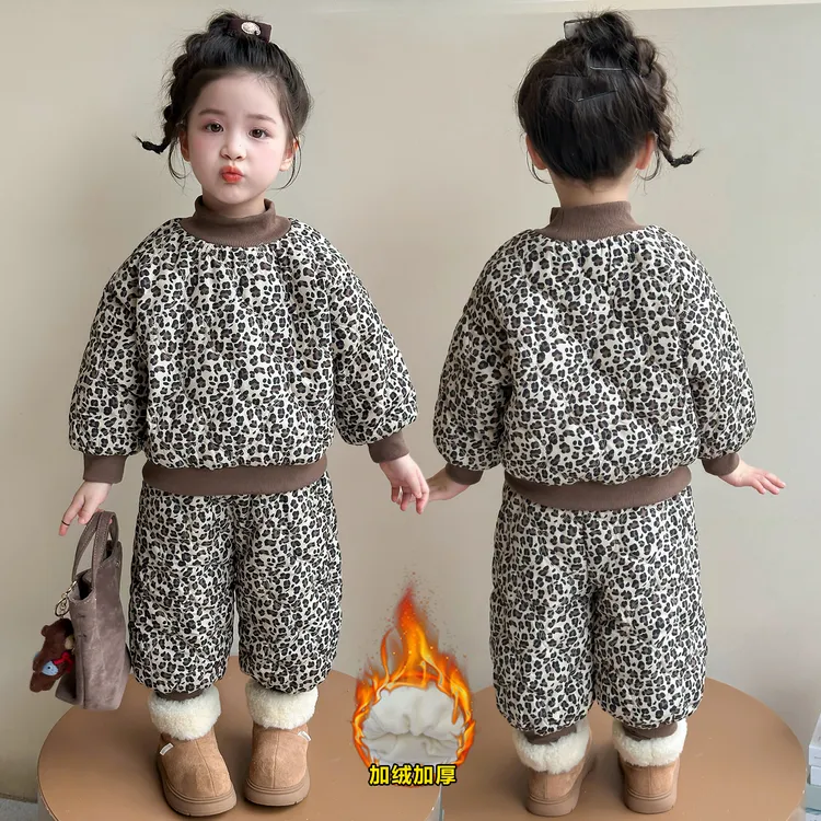 【洋气萌娃】女童加棉加绒棉服套装2025秋冬新款韩版洋气豹纹两件套