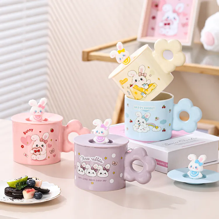 治愈系情侣创意陶瓷杯喝水杯卡通高温烤花马克杯兔子图案硅胶盖