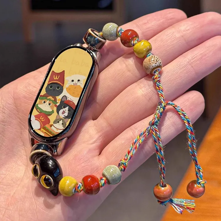 适用小米手环9/8/NFC表带10陶瓷版小猫串珠拉绳小众可爱腕带替换