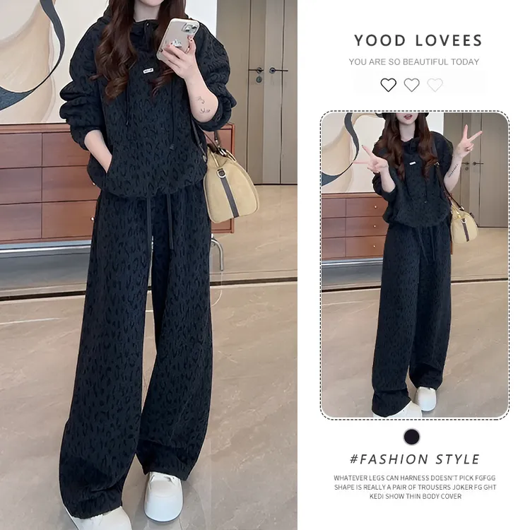 秋冬时尚套装女2025新款复古减龄套头连帽卫衣直筒休闲裤两件套装