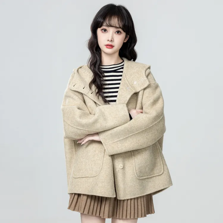 卡其色连帽毛呢外套女秋冬2025冬季新款加厚双面呢子大衣宽松上衣