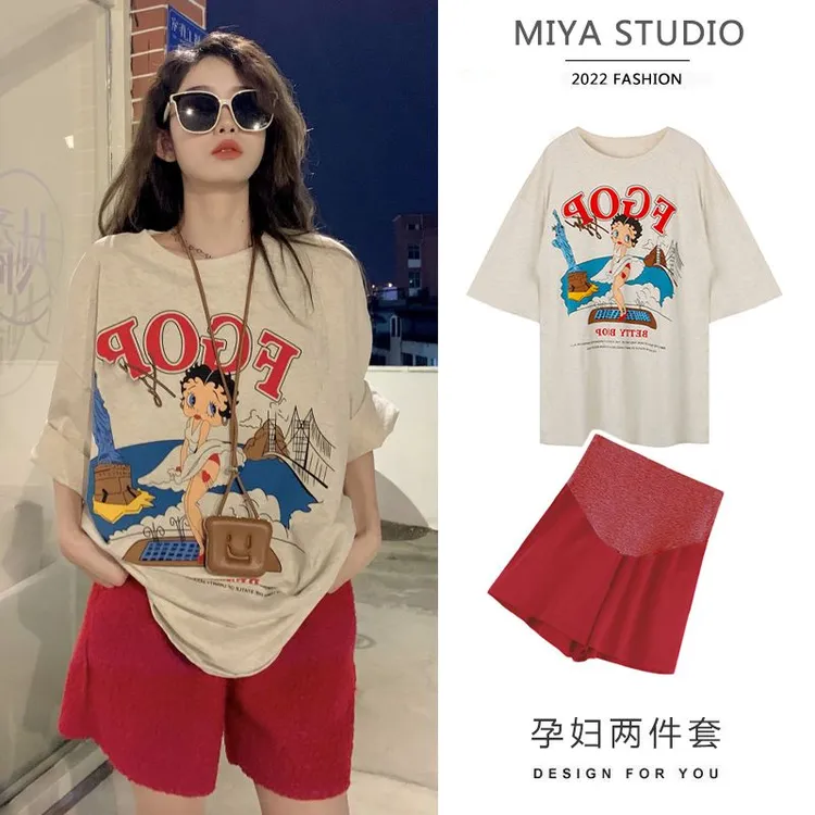 孕妇夏季时尚韩版宽松卡通短袖T恤+休闲短裤薄款减龄套装