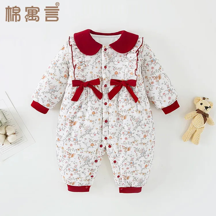 婴儿夹棉连体衣秋冬季外出服纯棉加厚保暖哈衣洋气蝴蝶结宝宝爬服