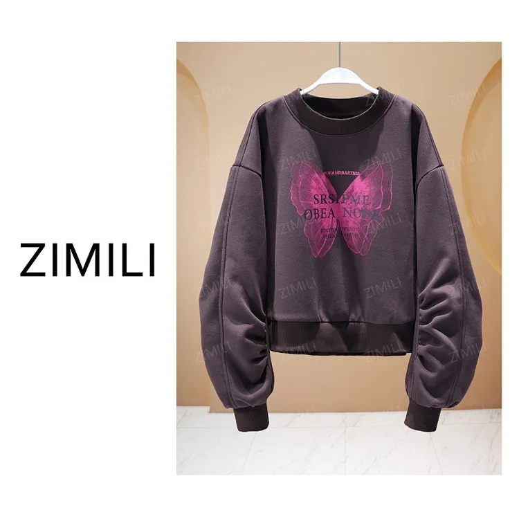 【亮哥欧货女装】2025冬季加厚青骊色蝴蝶印花时尚休闲卫衣10119-K3