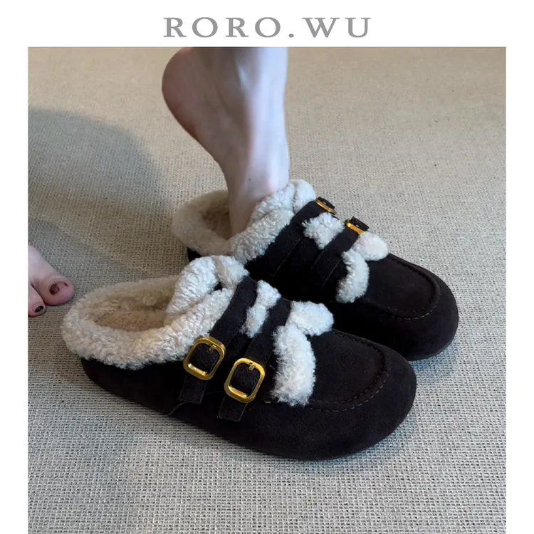 娆娆吴·皮带扣圆头一脚蹬拖鞋秋冬新款低跟半包毛绒博肯鞋女E07
