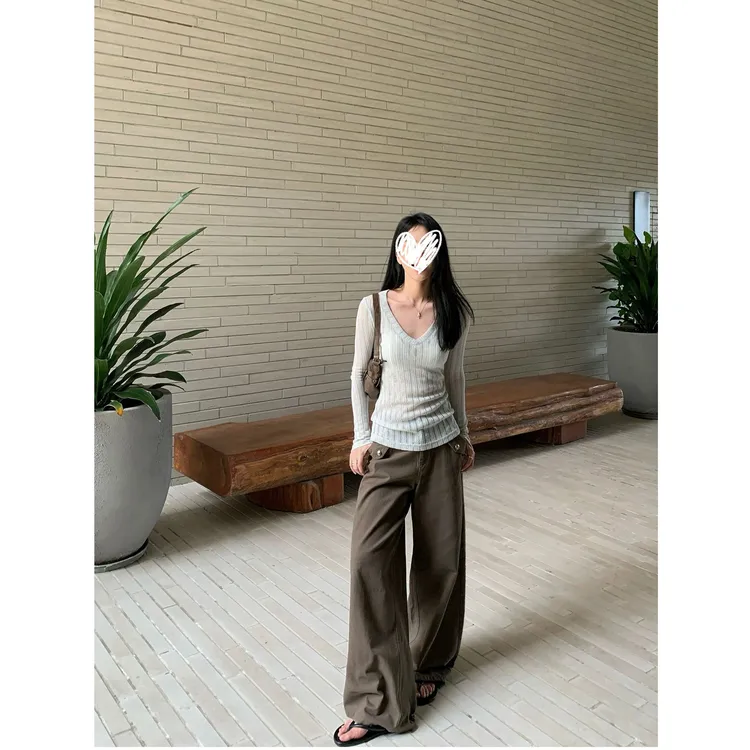 复古宽松金属扣阔腿长裤军绿色显瘦牛仔裤女#K9522