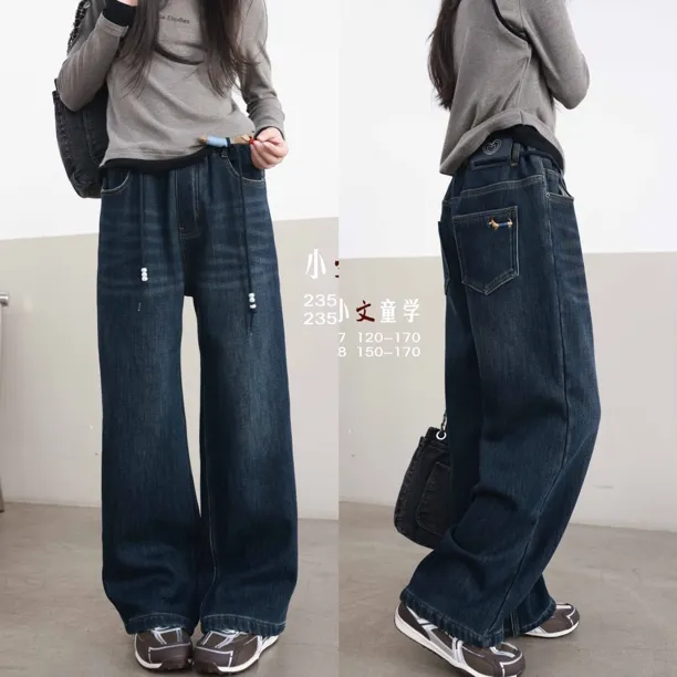 女童冬季加绒牛仔直筒裤23557 女大童休闲简单款学生牛仔裤奥利绒