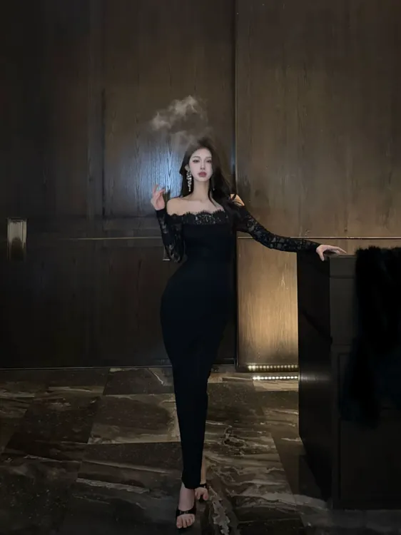 【魅力绽放】御姐性感蕾丝一字肩连衣裙修身包臀开叉长裙晚礼服