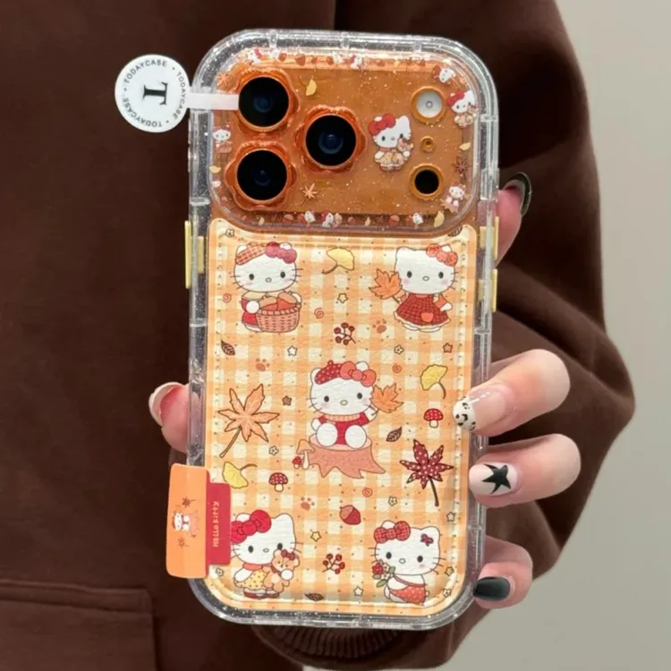 花朵镜头可爱黄格纹猫咪适用苹果17promax手机壳iphone16pro/15