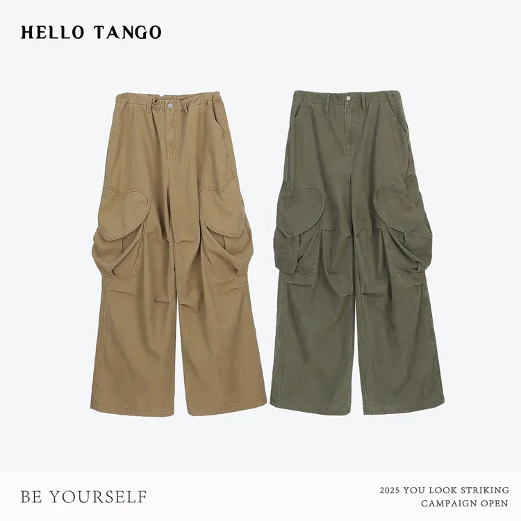 HELLOTANGO《爱心狙击》秋冬韩系做旧爱心大口袋工装风休闲裤