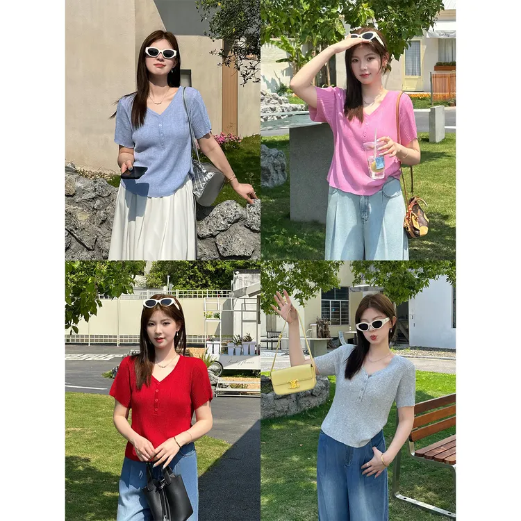 裂渡宣宣【贝壳夏日】微胖大码女夏气质百搭显瘦针织T恤ZY506F14