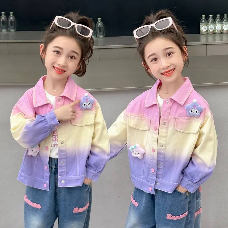 女童秋款牛仔外套2024新款儿童洋气秋装扎染卡通夹克女宝秋季衣服