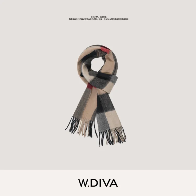 W.Diva【告白诗篇】秋冬经典格纹英伦风双面羊毛流苏围巾54J193410